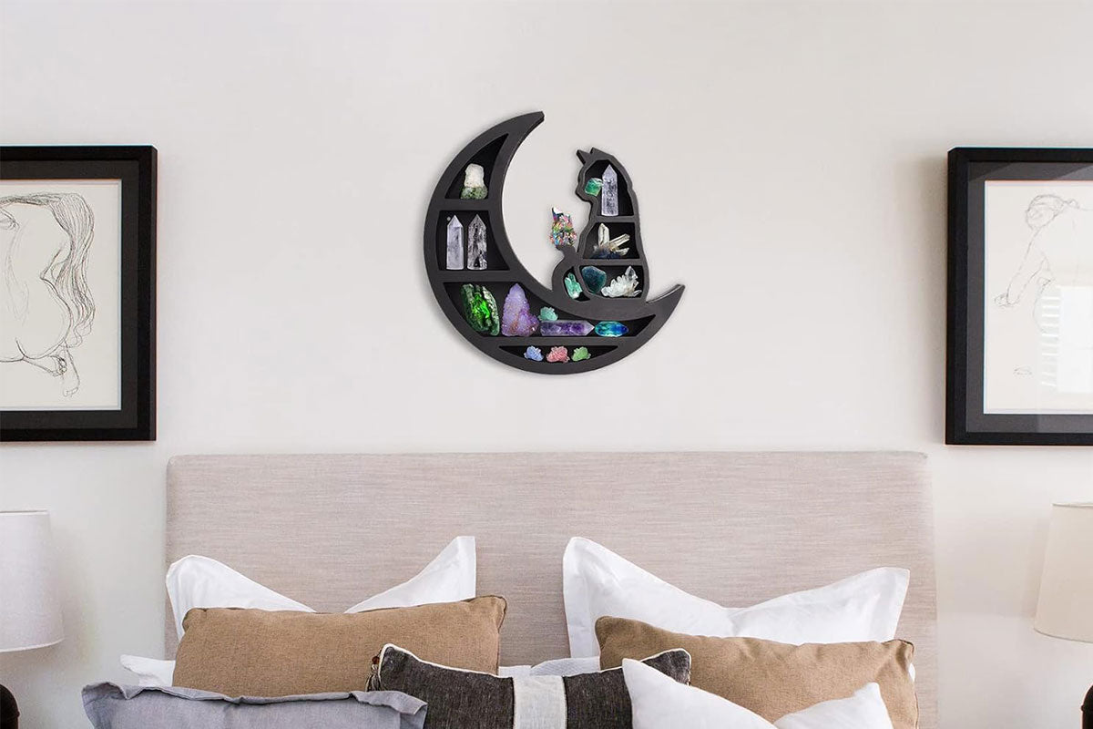Wooden Shelf Halloween Crystal Display Shelf Decor-Cat in the Moon
