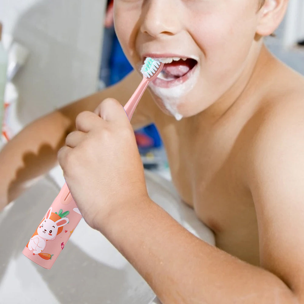 Kids Cartoon Electric Toothbrush Rechargeable Speed Control Toothbrush with 6 Replacement Heads Pink