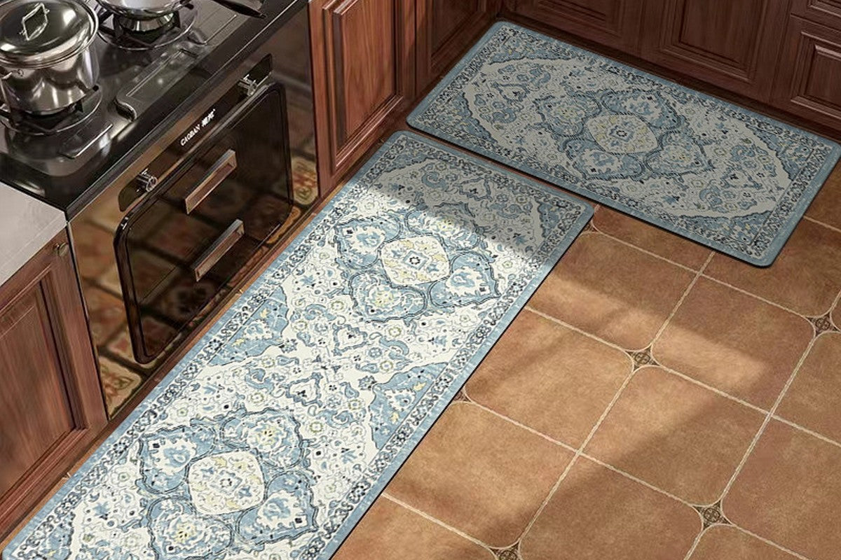 2Pcs Boho Anti-Fatigue Kitchen Mats Non-Slip Cushioned for Kitchen Sink Laundry-Cyan
