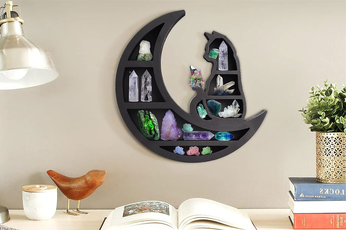 Wooden Shelf Halloween Crystal Display Shelf Decor-Cat in the Moon
