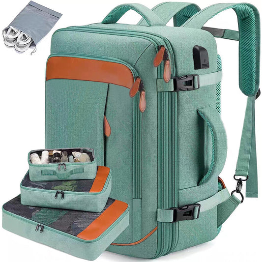Travel Laptop Backpack Carry on Luggage Bag with 3 Packing Cubes and Shoe Bag Green