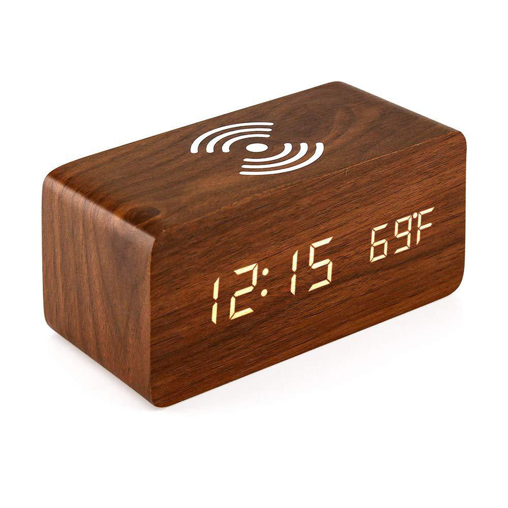 Dimmable Digital Alarm Clock with Wireless Charger Station for Home Office Brown