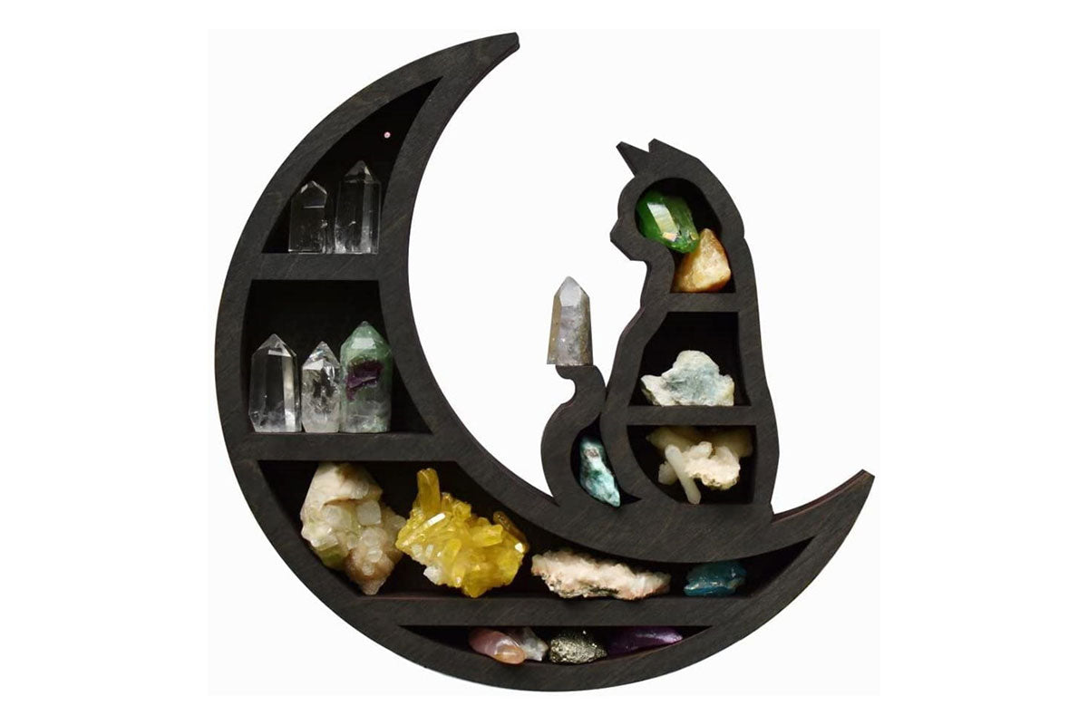 Wooden Shelf Halloween Crystal Display Shelf Decor-Cat in the Moon