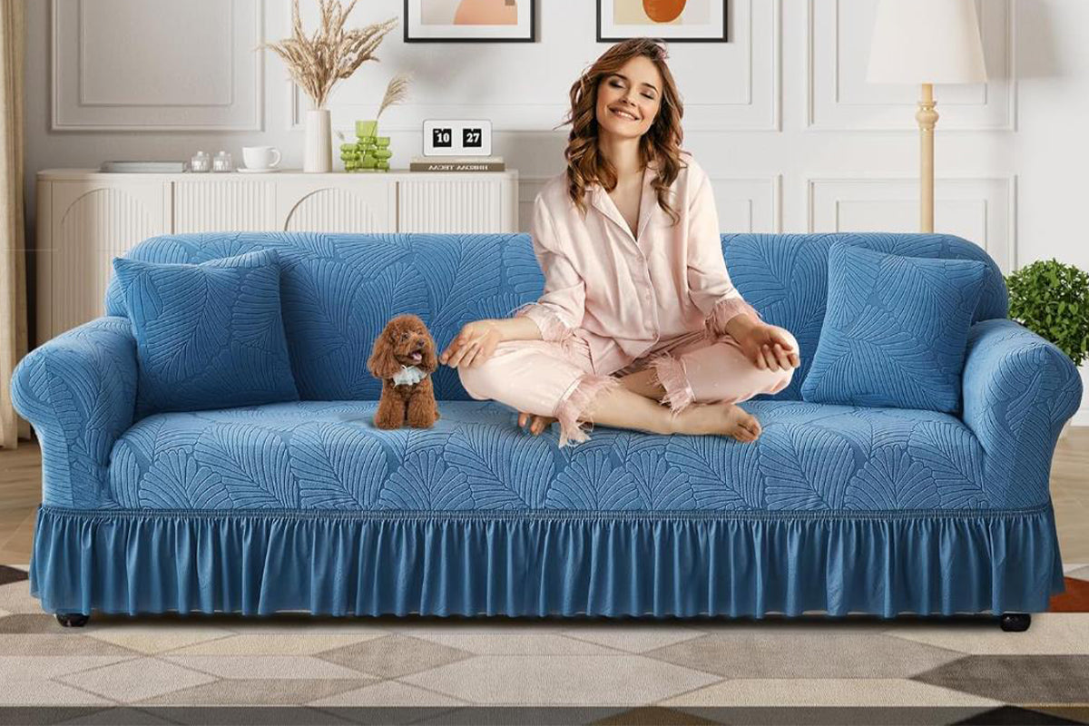 Sofa Cover with Skirt Stretch Sofa Slipcover Non-Slip Soft Couch Cover -Blue