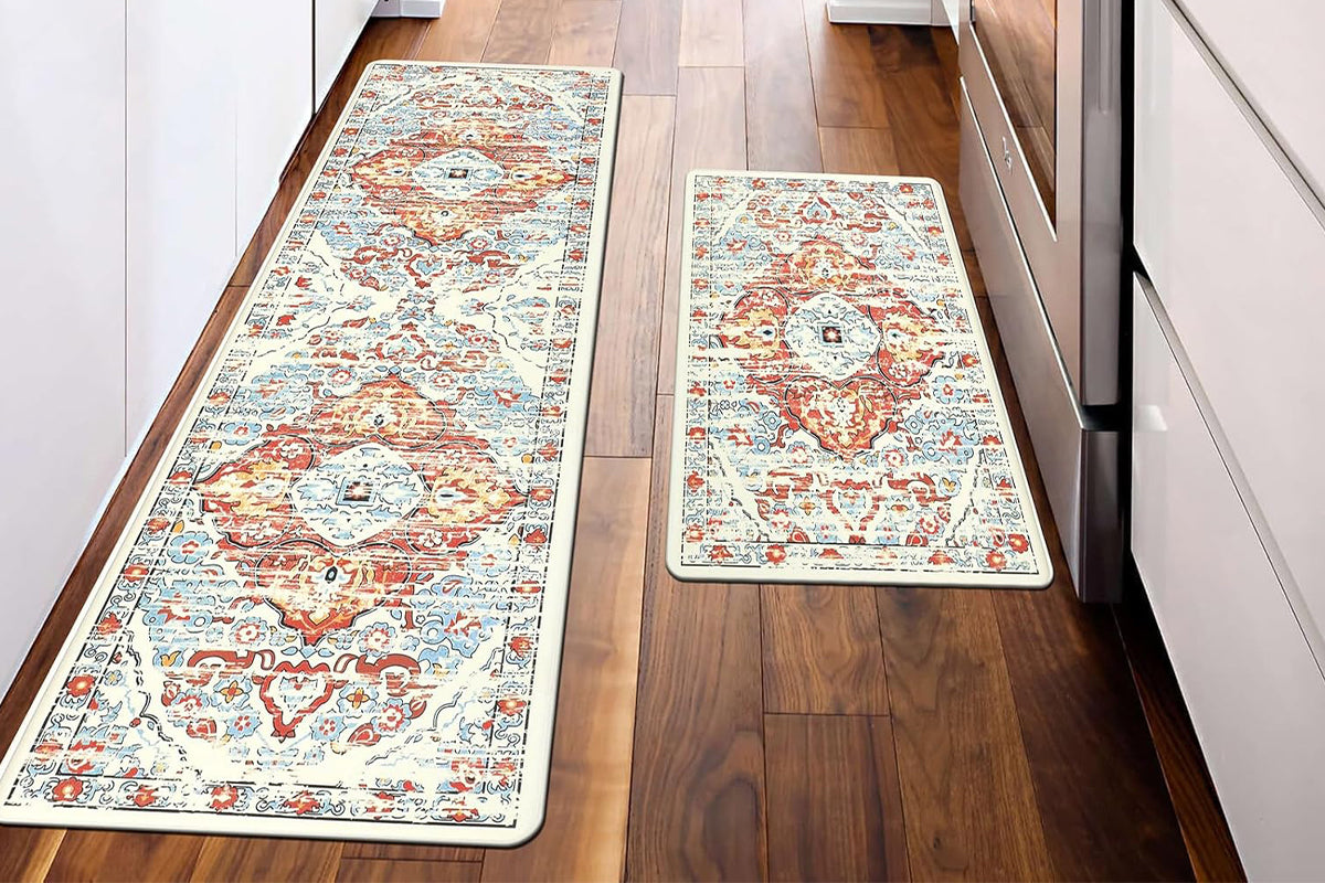 2Pcs Boho Anti-Fatigue Kitchen Mats Non-Slip Cushioned for Kitchen Sink Laundry -Blue