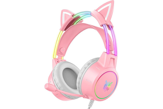 Gaming Headset with Detachable Cat Ears Wired Over LED Ear Headphones with Mic for PC Laptop PS4 PS5 Xbox Switch -Pink