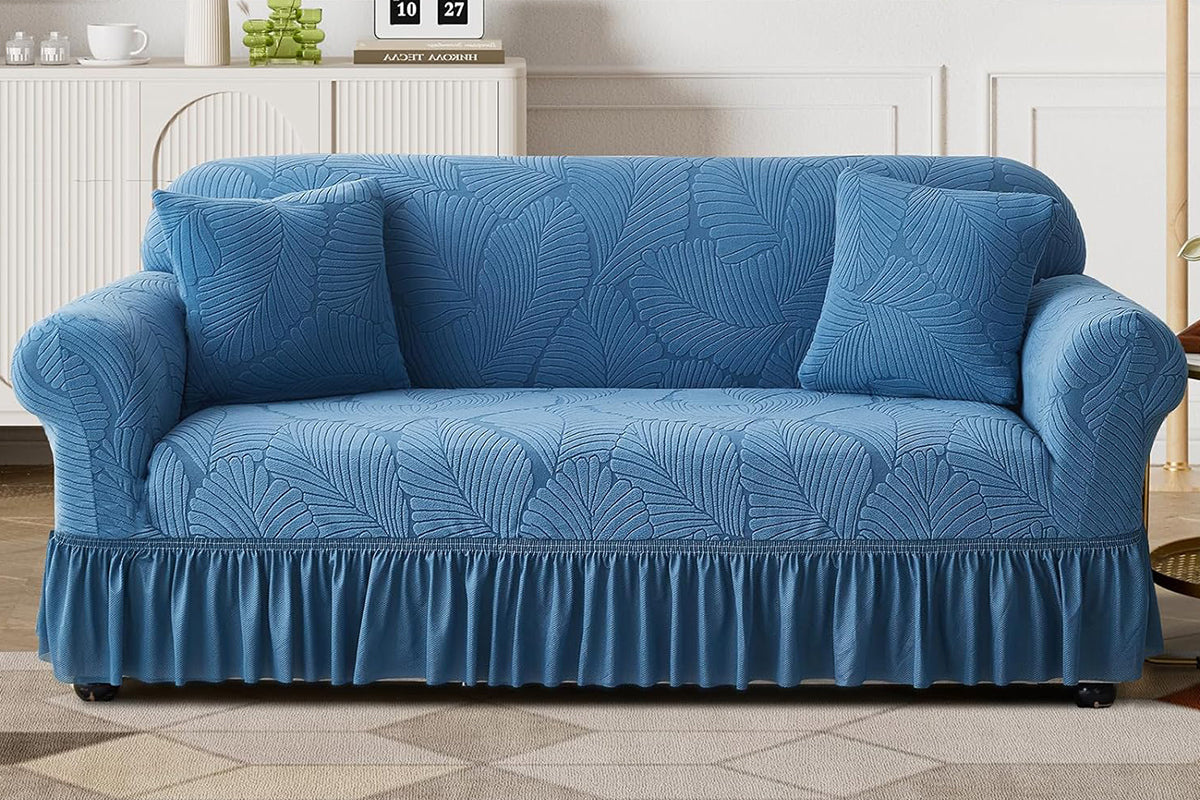 Sofa Cover with Skirt Stretch Sofa Slipcover Non-Slip Soft Couch Cover -Blue