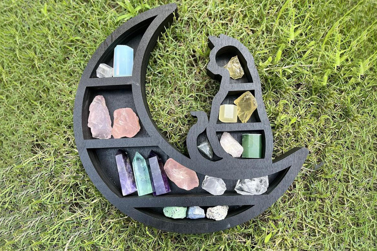 Wooden Shelf Halloween Crystal Display Shelf Decor-Cat in the Moon