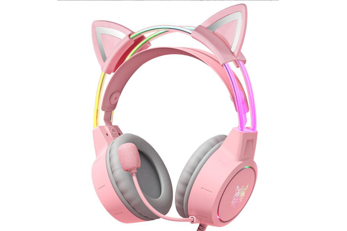 Gaming Headset with Detachable Cat Ears Wired Over LED Ear Headphones with Mic for PC Laptop PS4 PS5 Xbox Switch -Pink