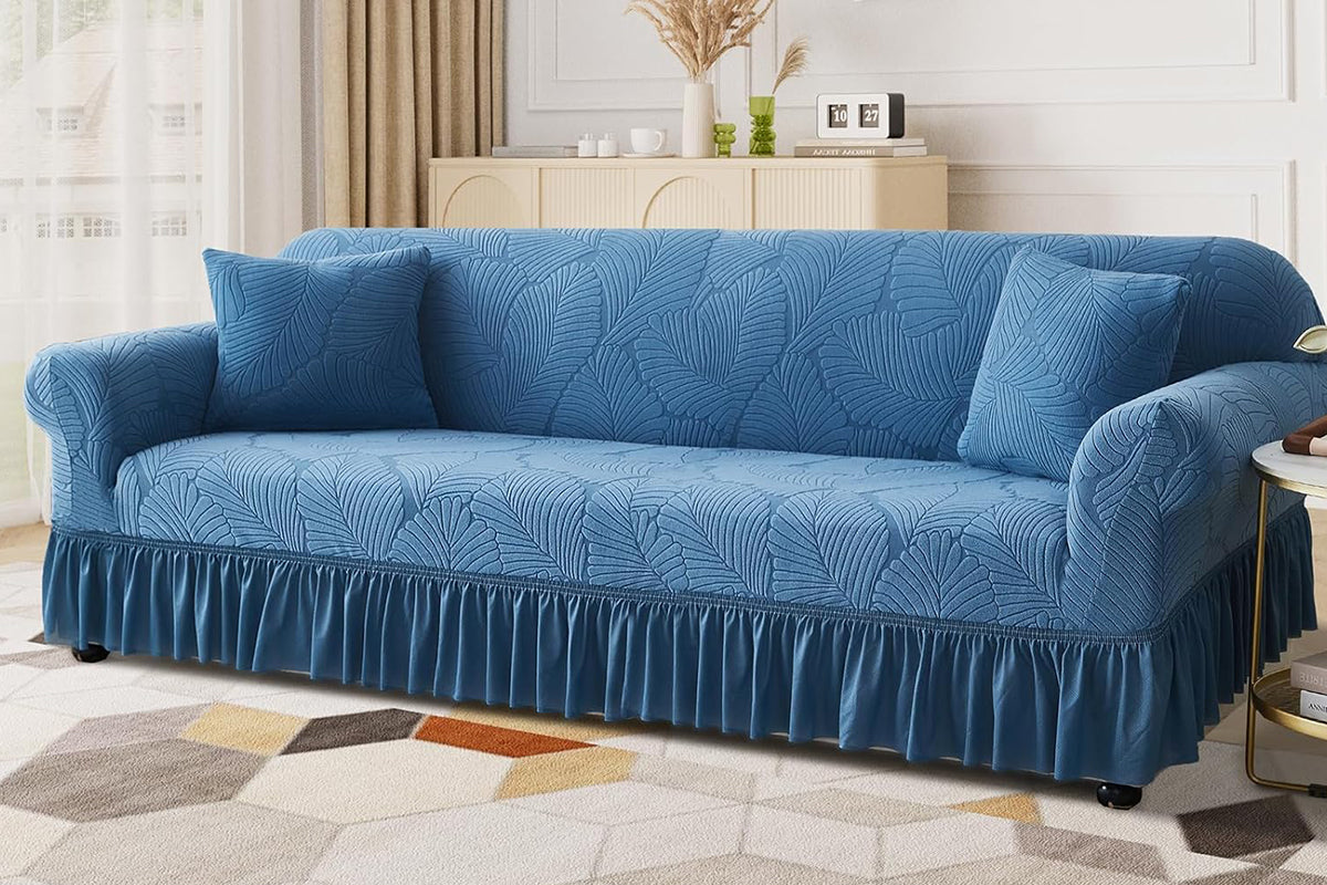 Sofa Cover with Skirt Stretch Sofa Slipcover Non-Slip Soft Couch Cover -Blue