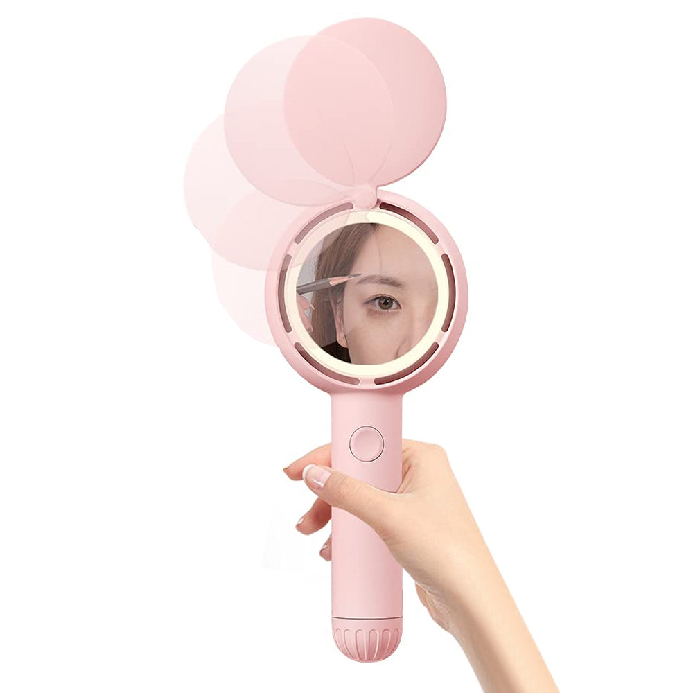 Mini Handheld Fan with LED Light Makeup Mirror Rechargeable Portable Fan Pink