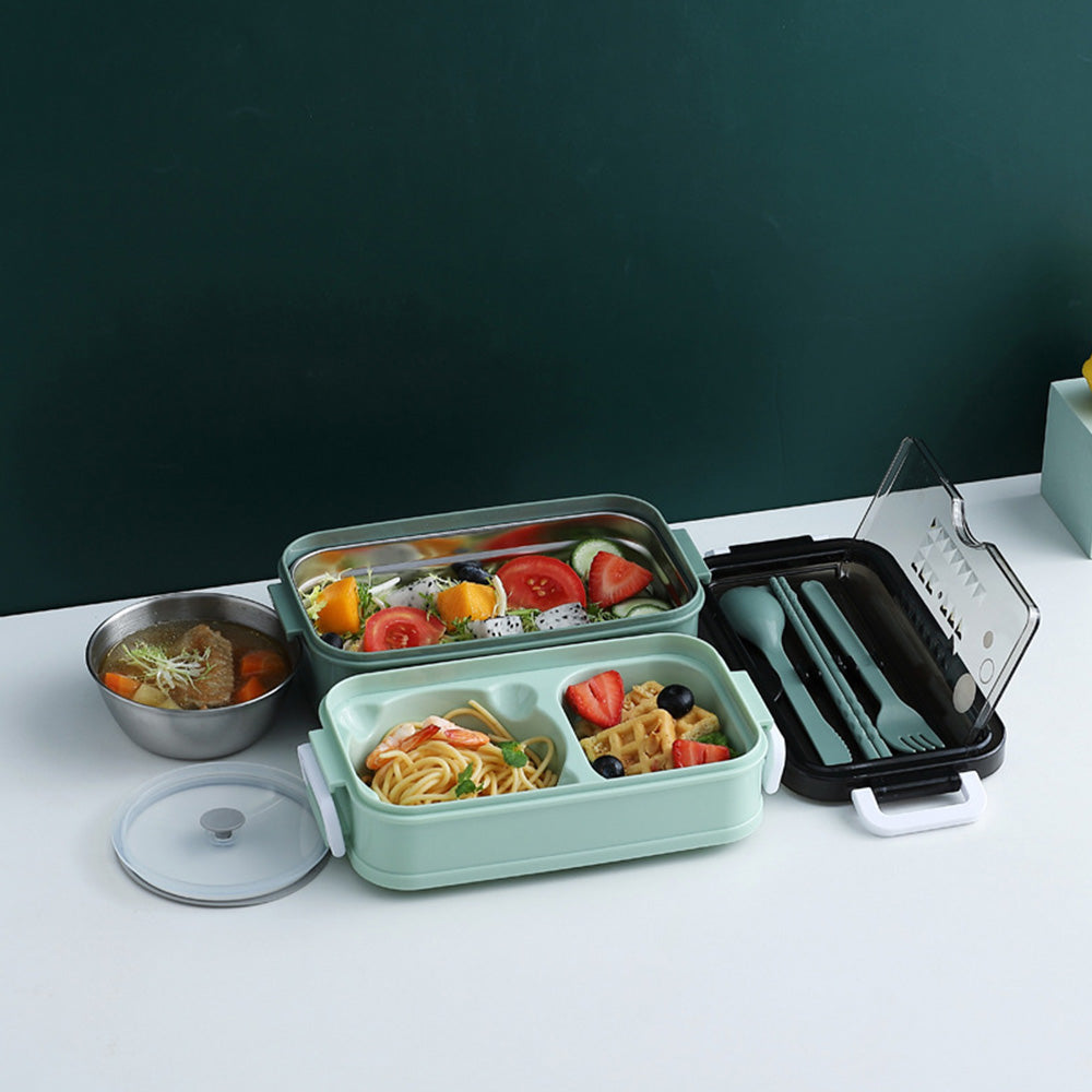 Stackable 3-Compartment Bento Box Lunch Containers with Dinnerware & Seal Cover Green