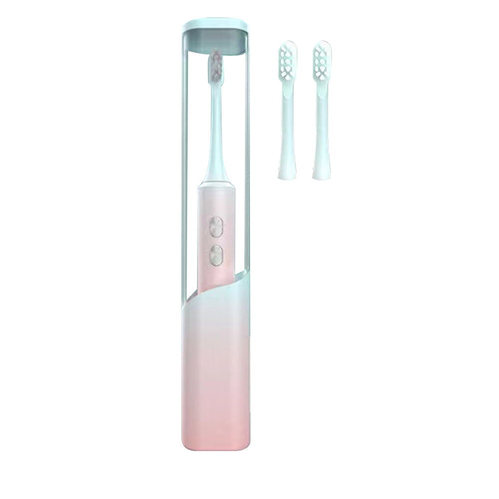 Travel Electric Toothbrush Self-Cleaning Vibration Toothbrush with 2Pcs Replacement Brush Head and Disinfection Storage Case Pink Green Gradient