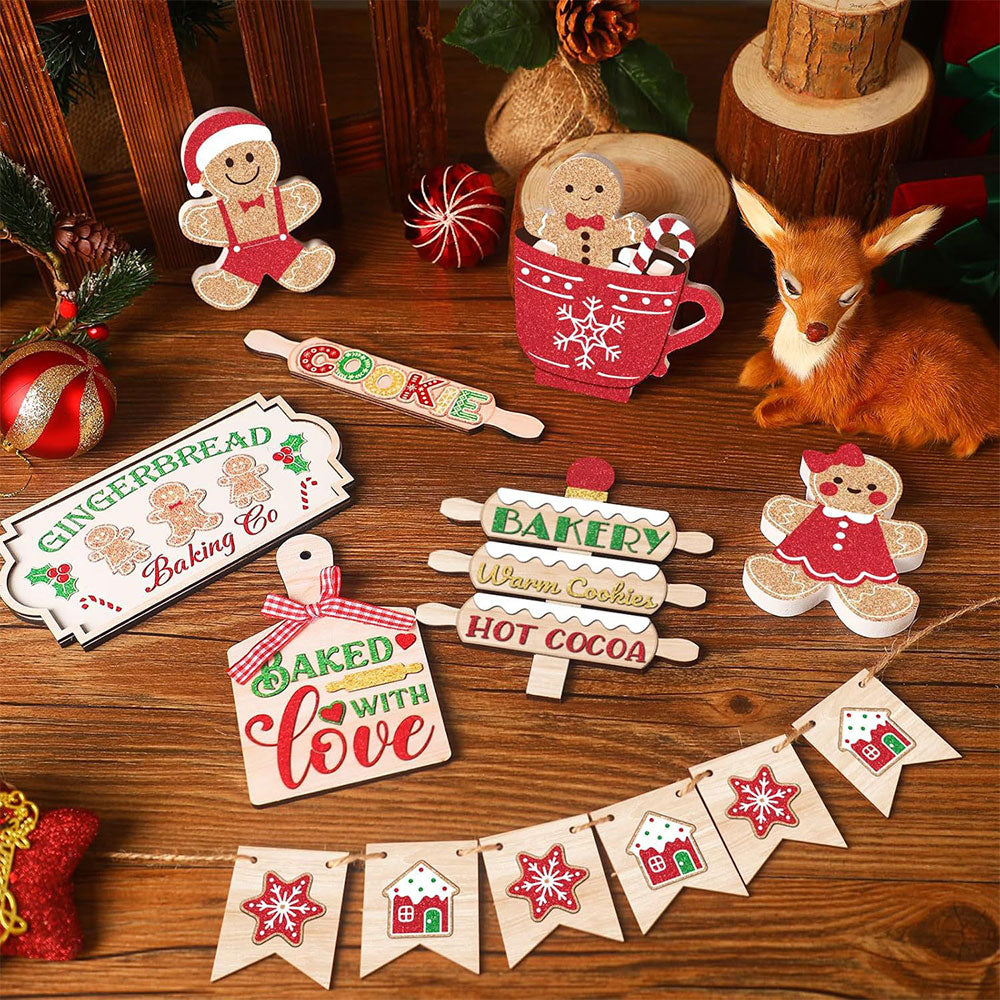13Pcs Christmas Wooden Sign for Tiered Tray Gingerbread Man Xmas Tabletop Signs Decor
