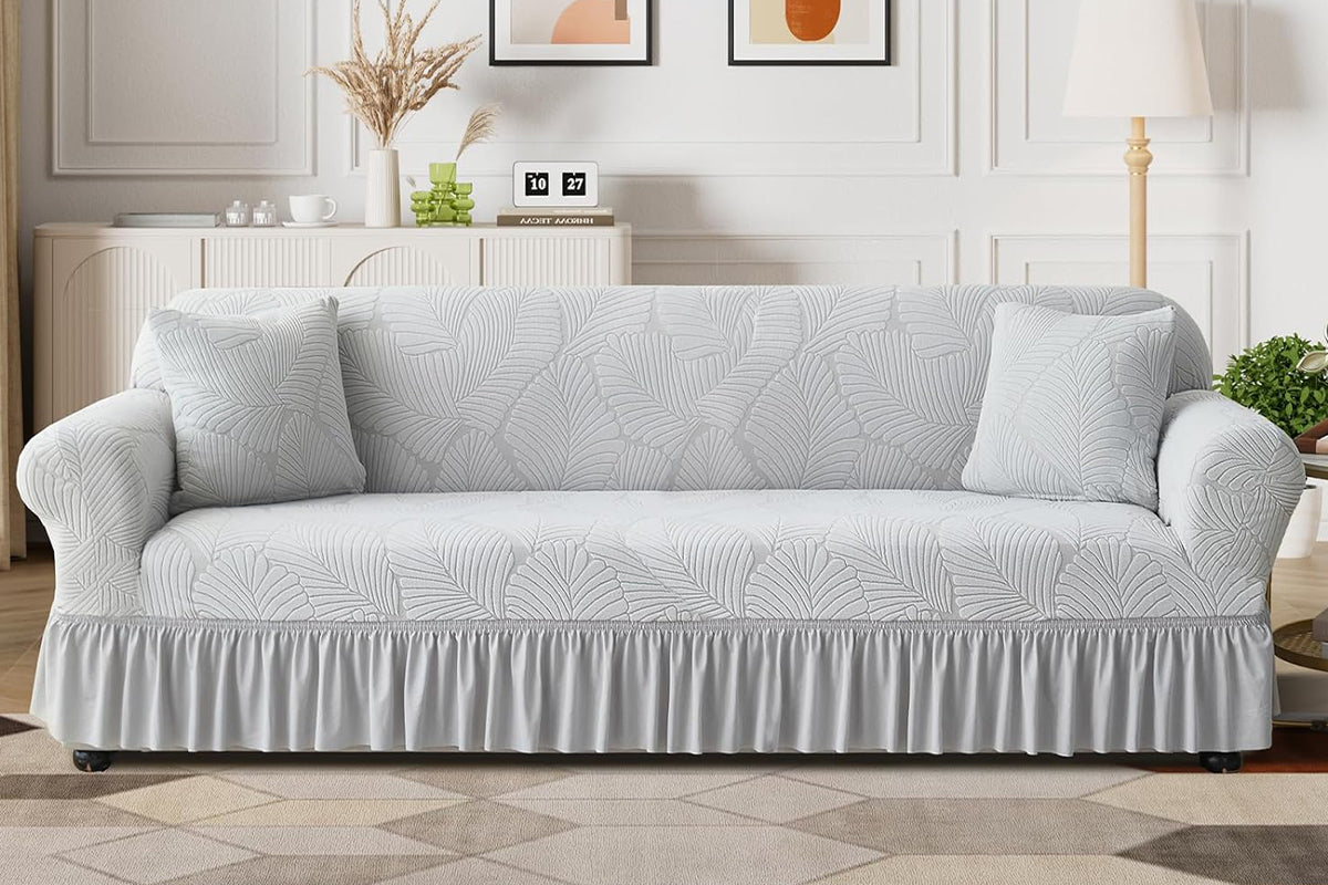 Sofa Cover with Skirt Stretch Sofa Slipcover Non-Slip Soft Couch Cover -Light Grey