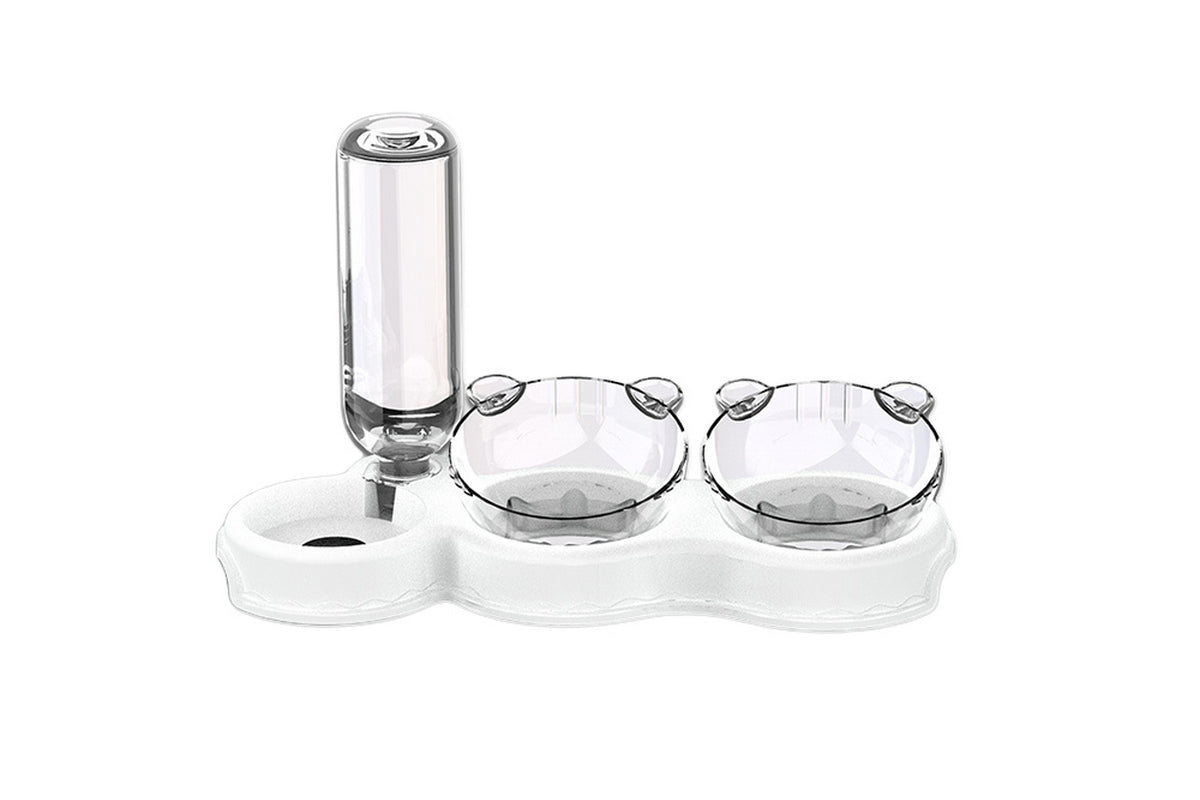 Dog Cat Food and Water Bowl Set with Water Dispenser-White