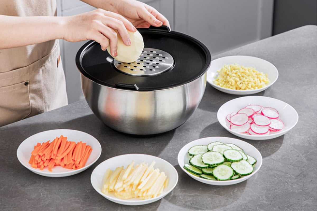 6Pcs Mixing Bowls with 3 Grater Attachments Stainless Steel Kitchen Stackable Bowls