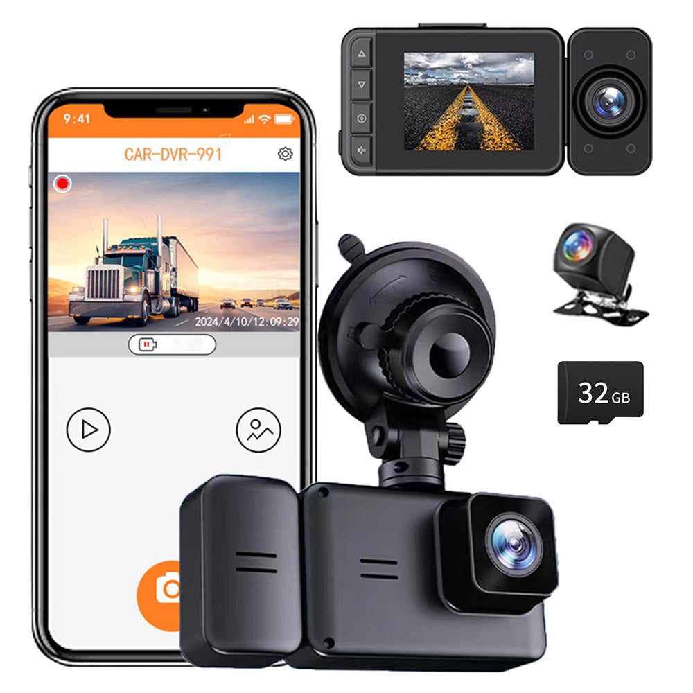 3 Channel WiFi Dashcam Front And Rear Night Vision Dash Camera with 32G Memory Card