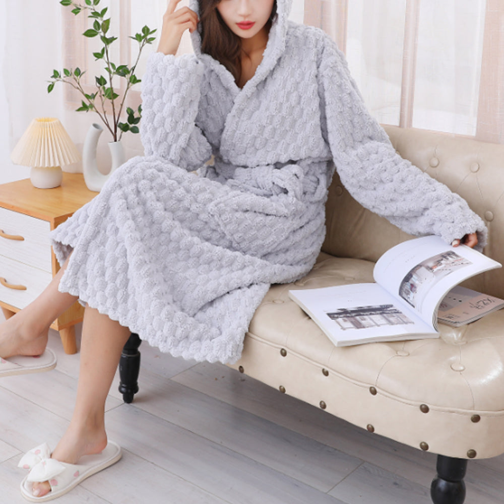 Women Bathrobe Long Winter Warm Wearable Bathrobe Grey