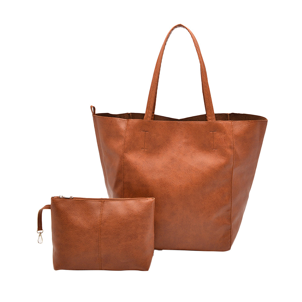 PU Leather Travel Tote Bag and Cosmetic Bag Set Large Handbag for Women Brown