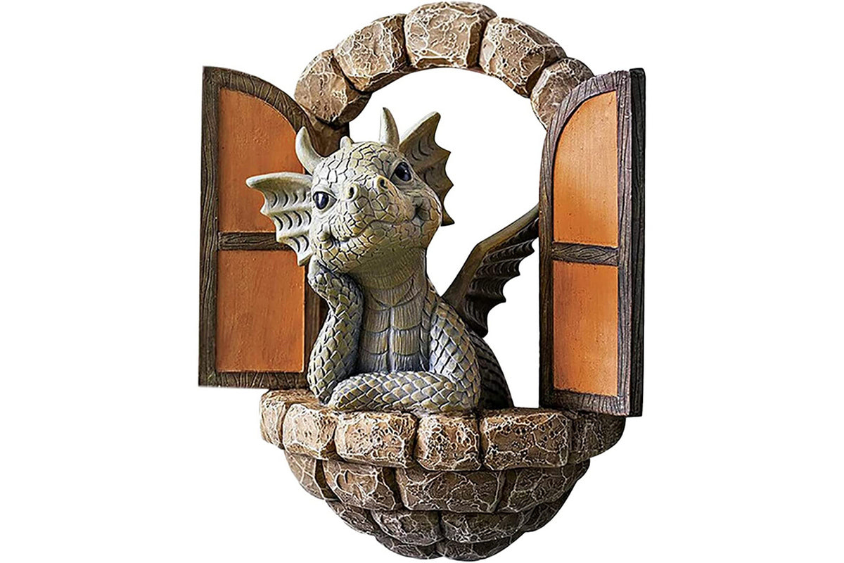 Courtyard Dragon Gate Statue Resin Carving Ornament Window Garden Dragon Meditating Sculpture Decorative Dragon-Style 1