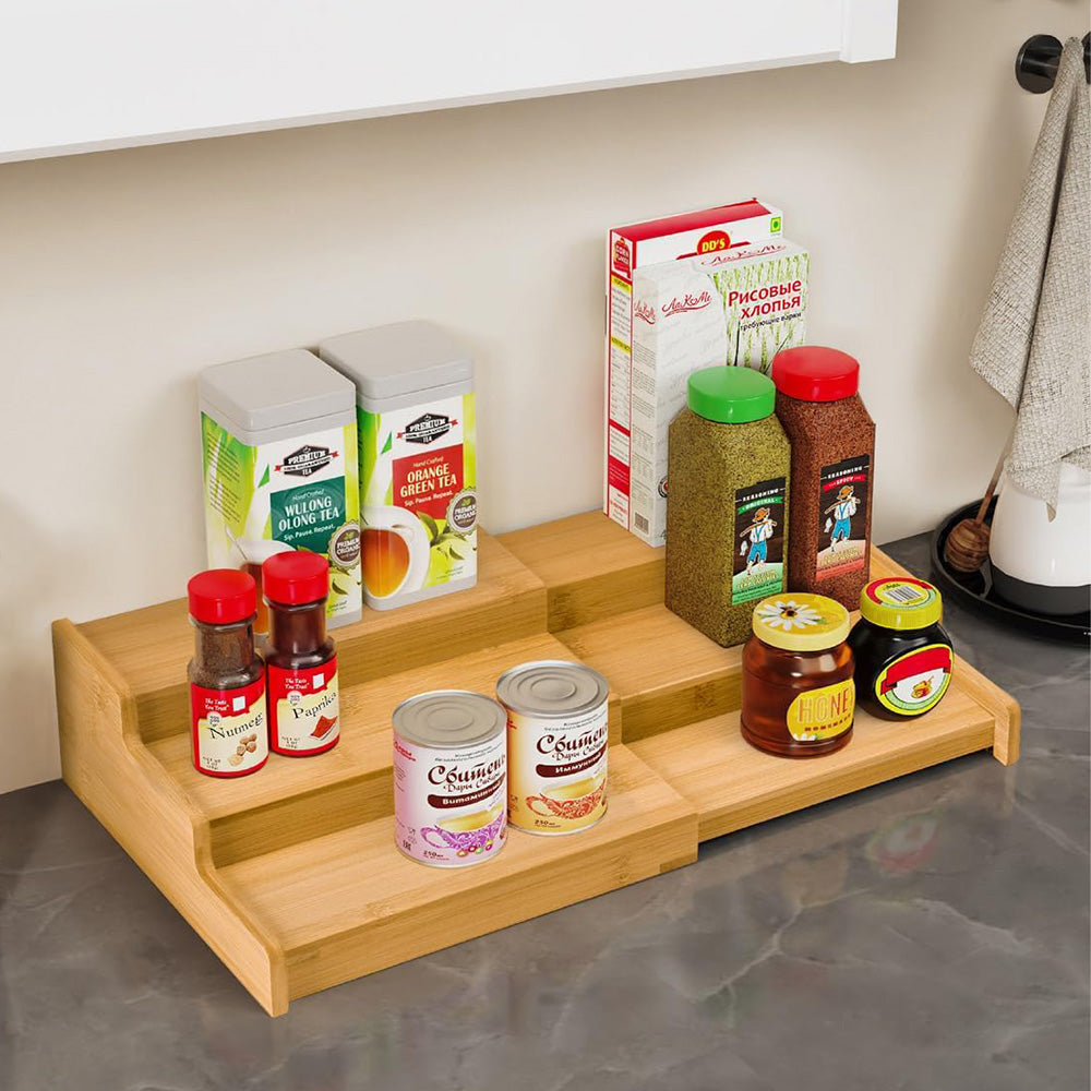 3-Tier Spice Rack Bamboo Expandable Display Shelf Kitchen Cabinet Organizer