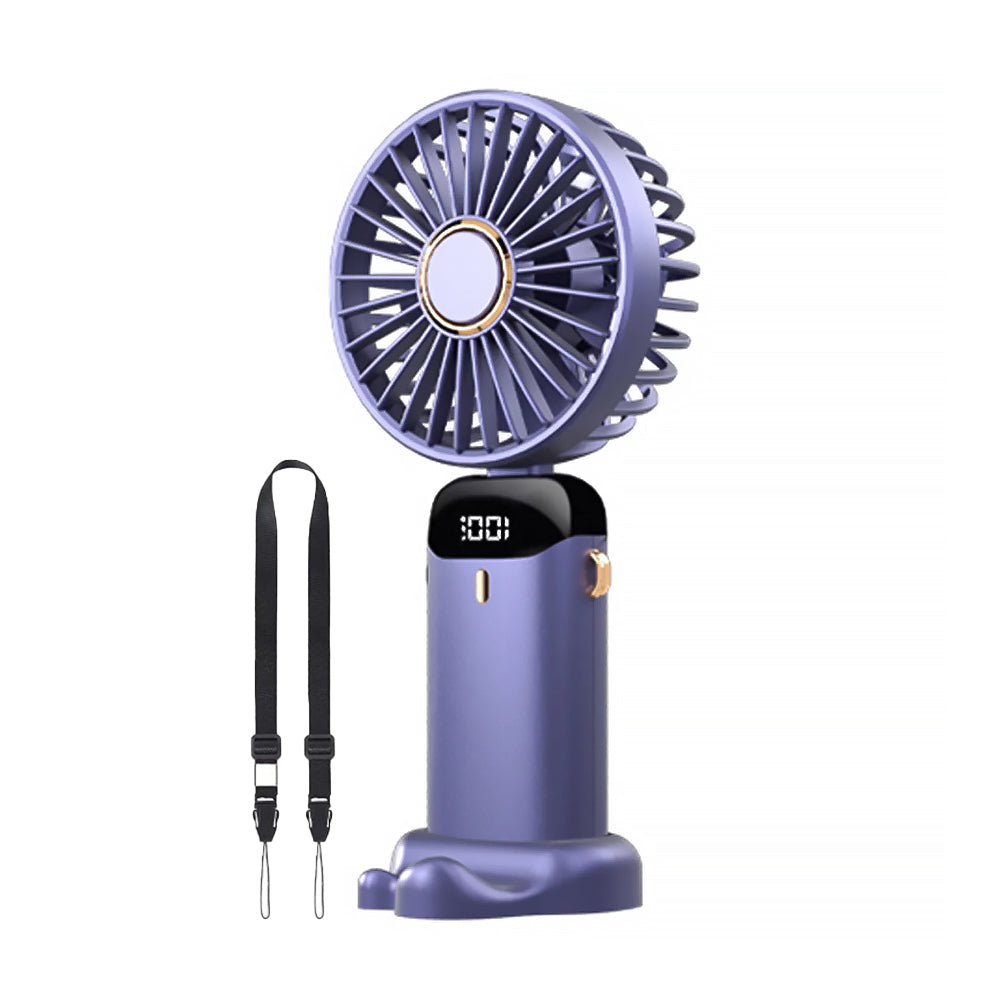 3-in-1 5 Speed USB Handheld Fan Mini Folding Digital Display Fan with Lanyard and Base Purple