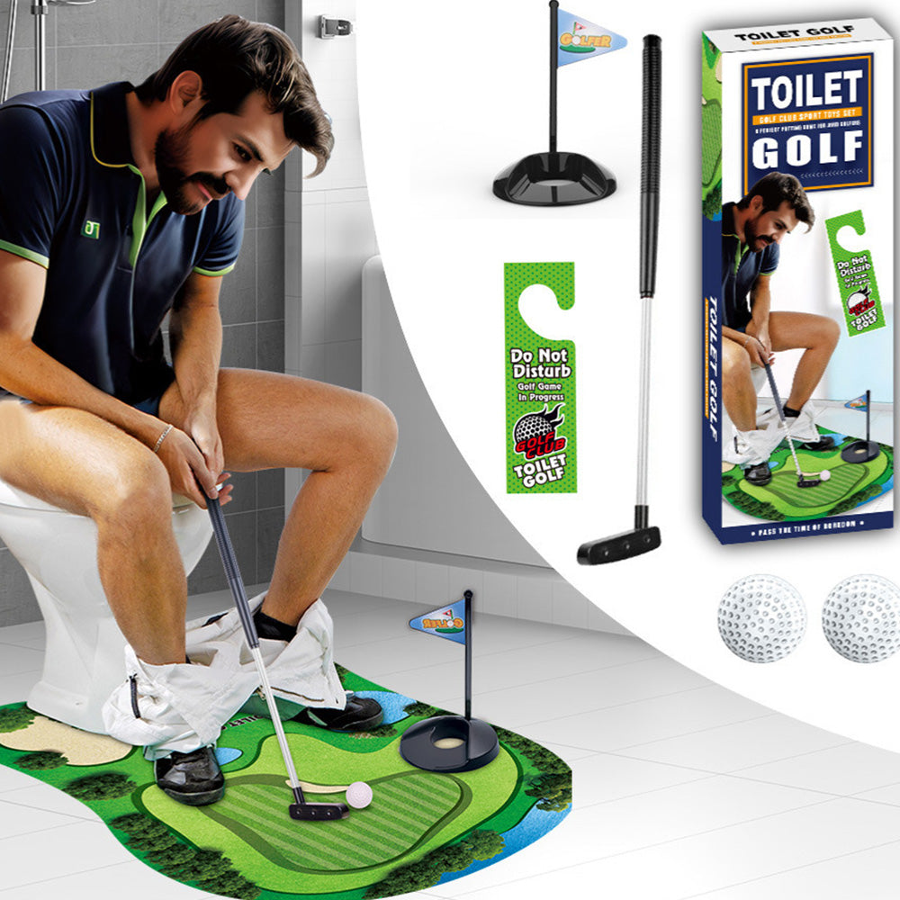 Toilet Mini Golf Game Toy Set Golf Practice Mat Golf Club 2 Balls Kit