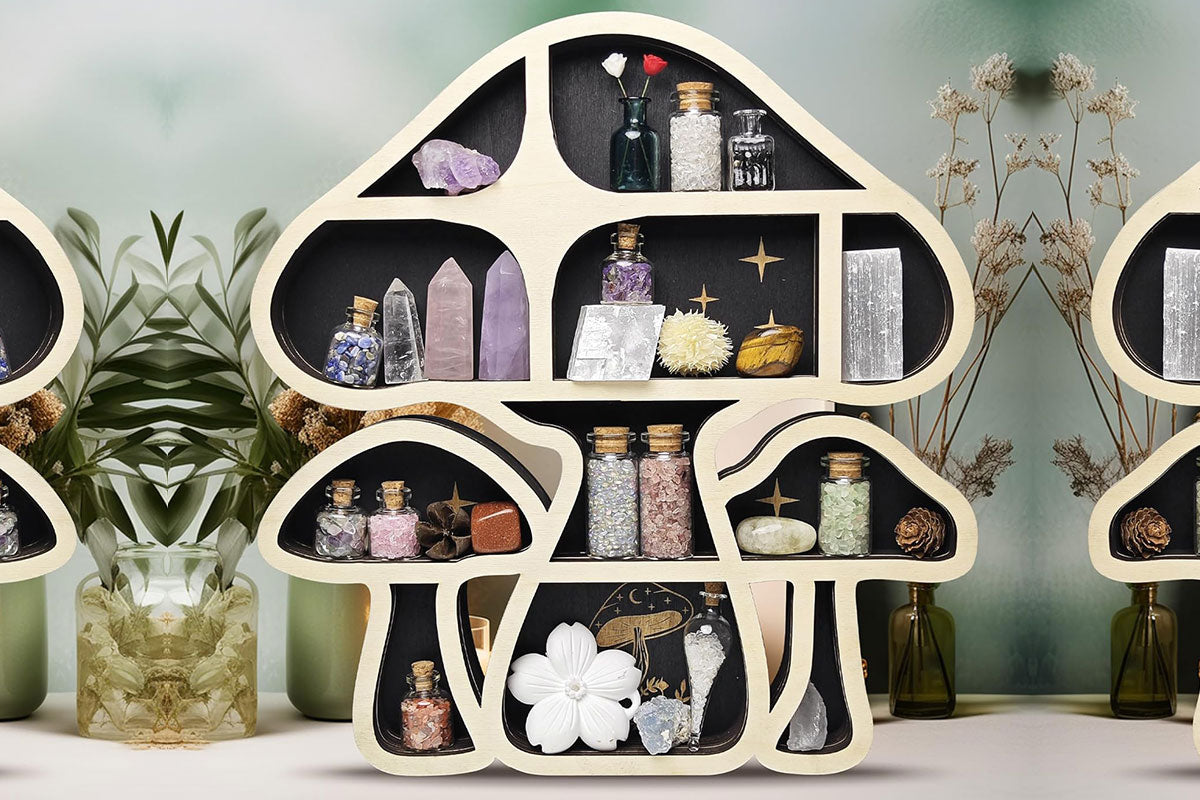 Wooden Shelf Halloween Crystal Display Shelf Decor-Mushroom