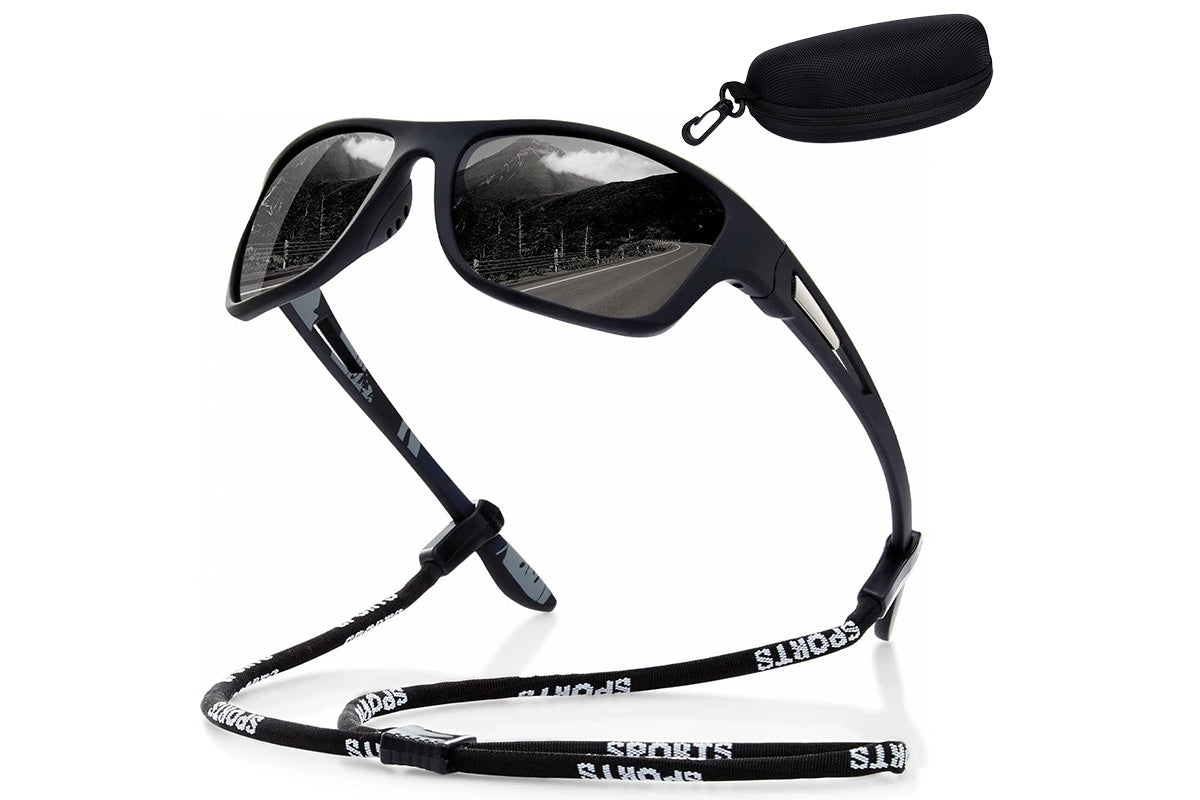 Men Sunglasses Polarized Glasses Fishing Wrap Around Eyewear with Strap and Zippered Case-Black