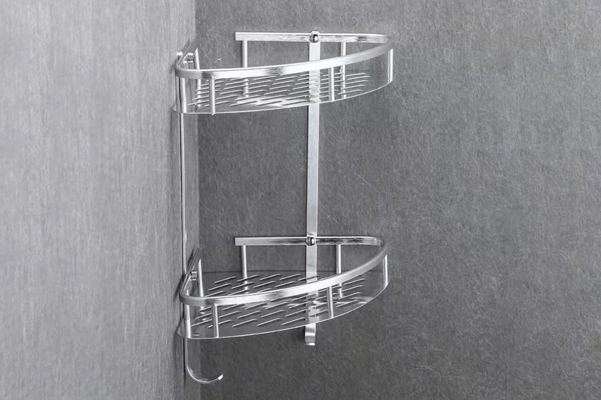 2 Layers Triangular Shower Caddy Shelf Bathroom Corner Bath Rack Storage Holder Organizer