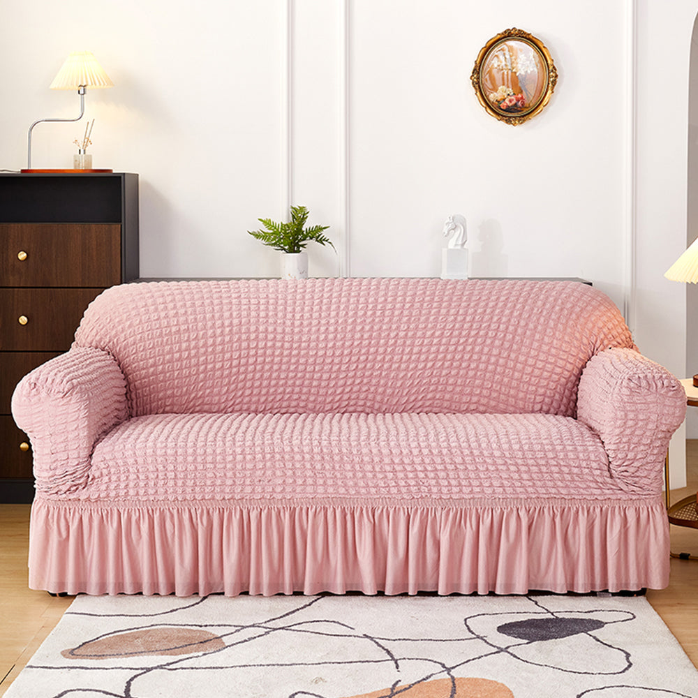 Seersucker Couch Cover with Ruffle Hemline Stretch Sofa Cover -Pink