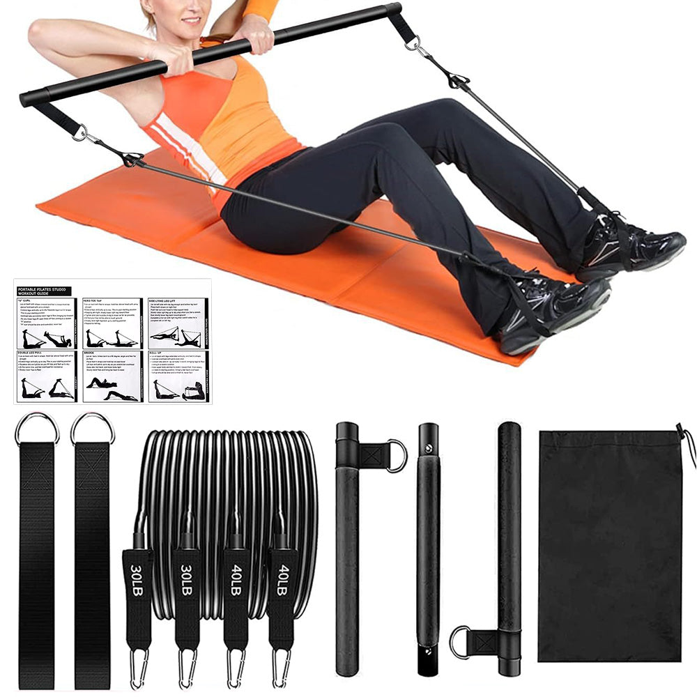 Multifunctional Pilates Bar Kit with Resistance Bands Portable Home Gym Core Strength Training Exercise Accessories Black