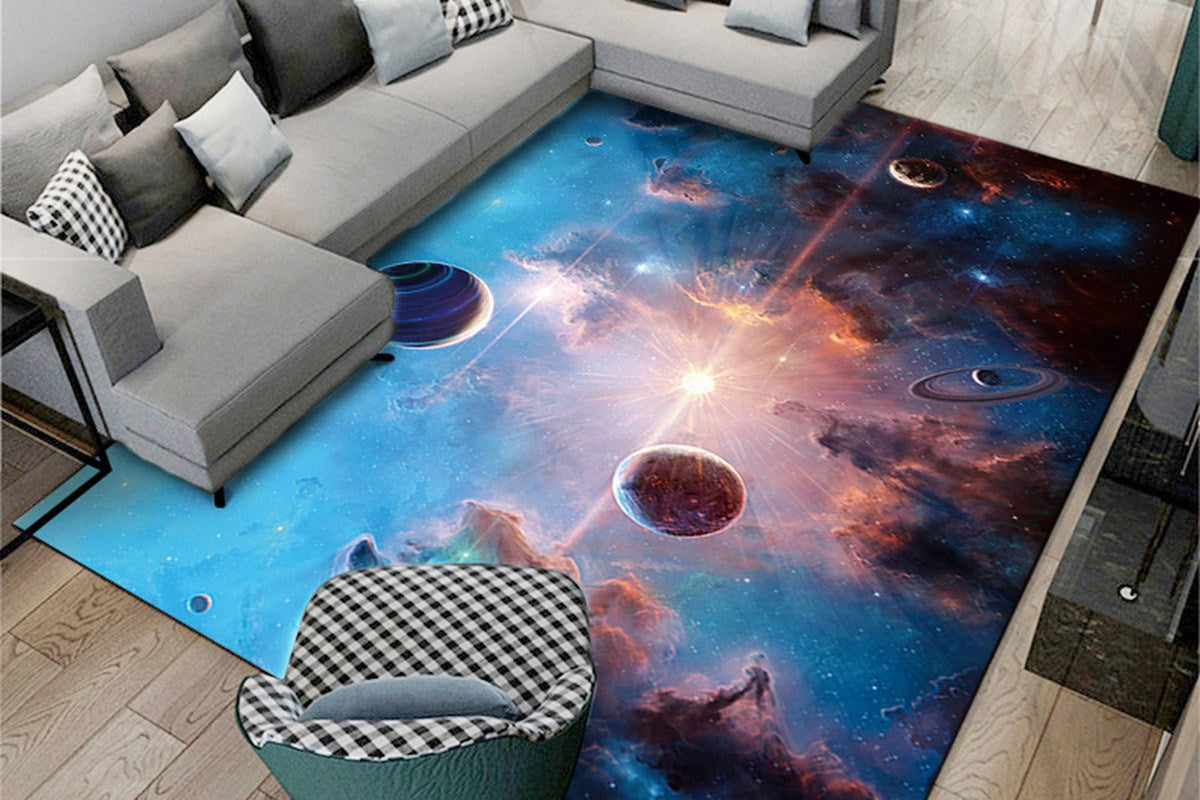 Space Kids Rug For Playroom Solar System Educational Rug Kids Floor Mat-Style 1 Blue Cosmic Planet