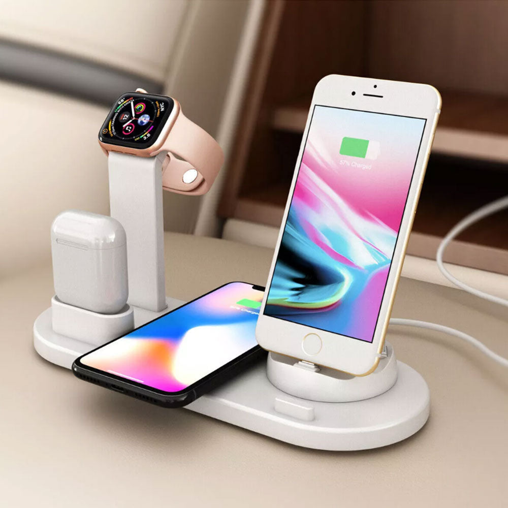 4-in-1 Charger Dock Wireless Charging Station for Apple Android QI Devices White