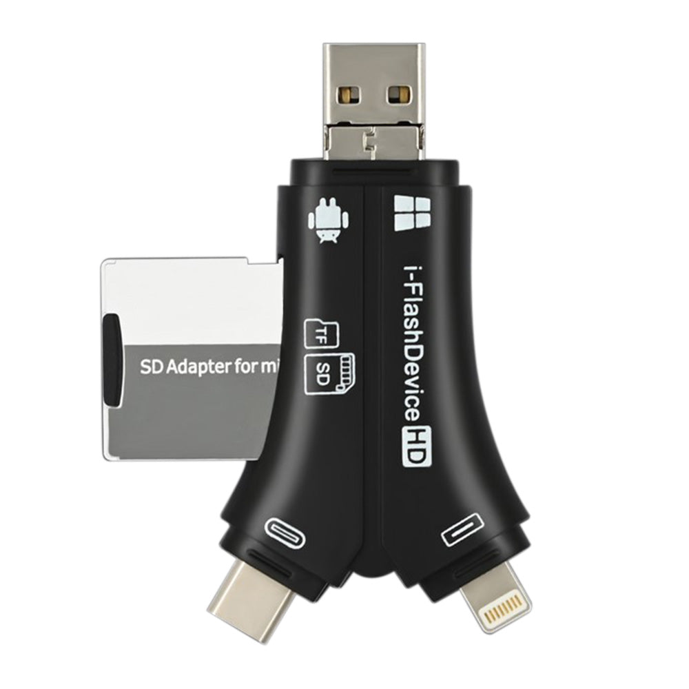 4-in-1 Multi-Port Memory Card Reader �USB, USB-C, Micro USB, SD/TF Card Slots and iOS Charging Port Adapter