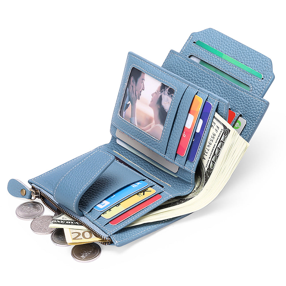 Genuine Leather Women's Wallet Short RFID Blocking Purse with Zipper Light blue