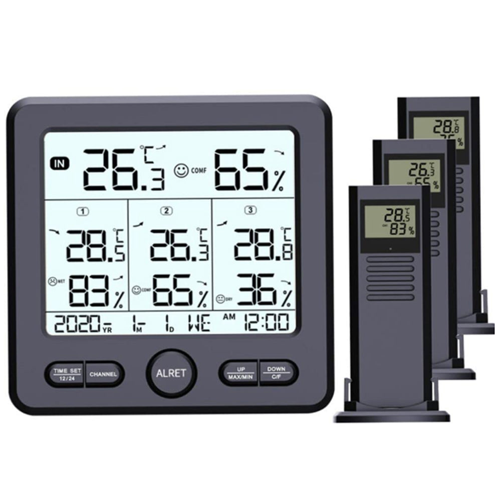 Digital Thermometer Hygrometer with 3 Wireless Sensors Indoor Outdoor Temperature Humidity Monitor Black