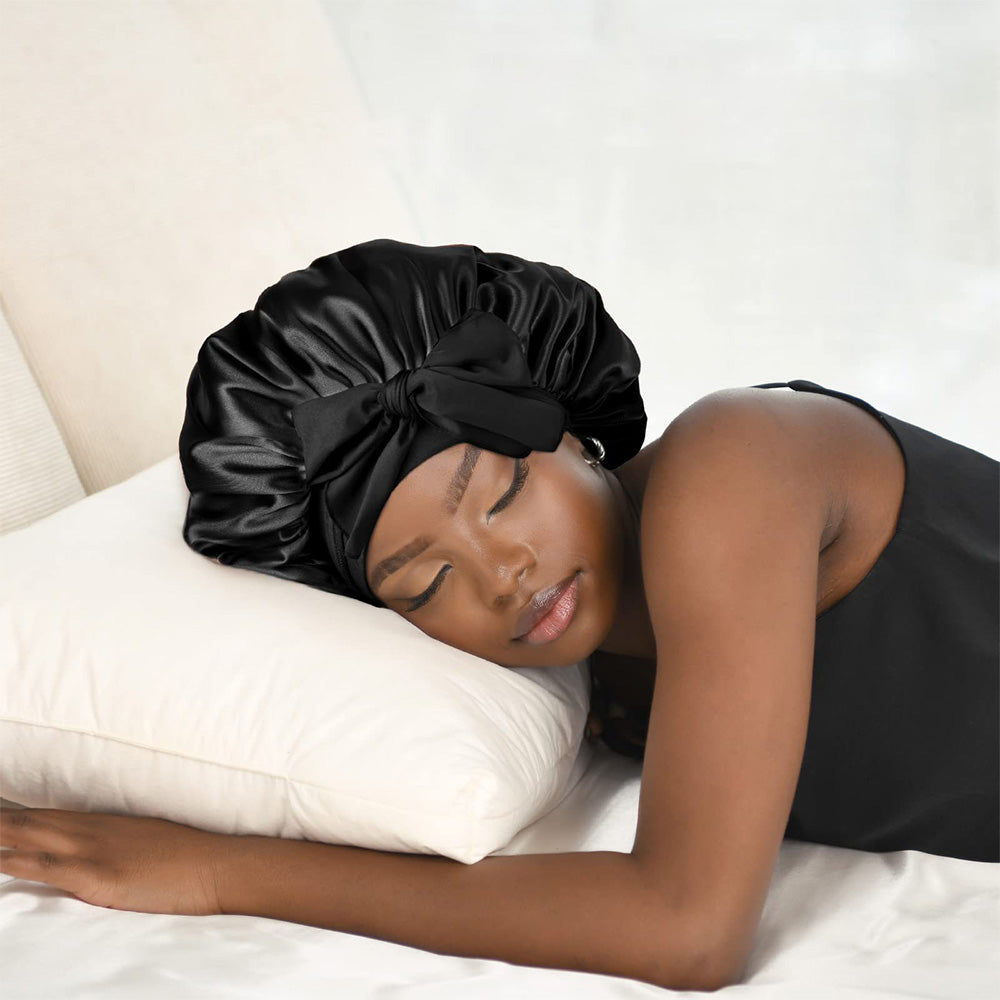 Polyester Bonnet for Sleeping Women Night Cap with Tie Band Black
