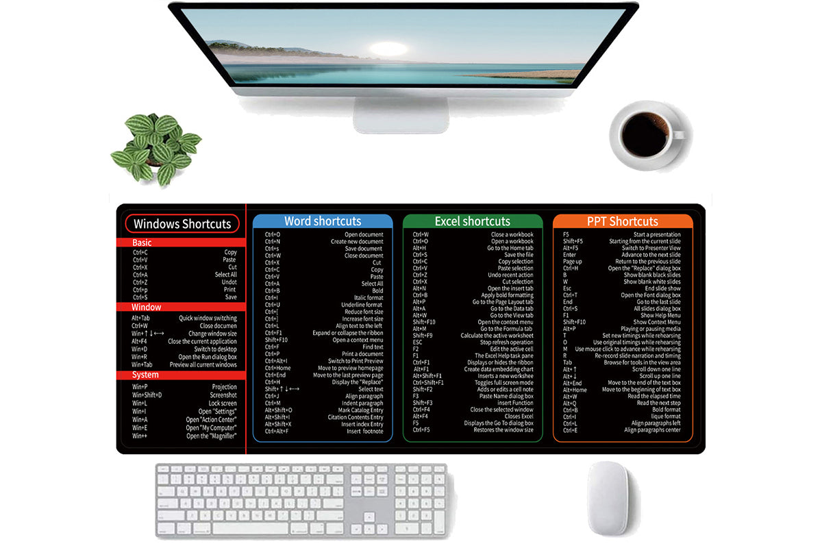 Mouse Pad with Non-Slip Rubber Base Word PPT Excel Shortcut Office Large Computer Desk Mat