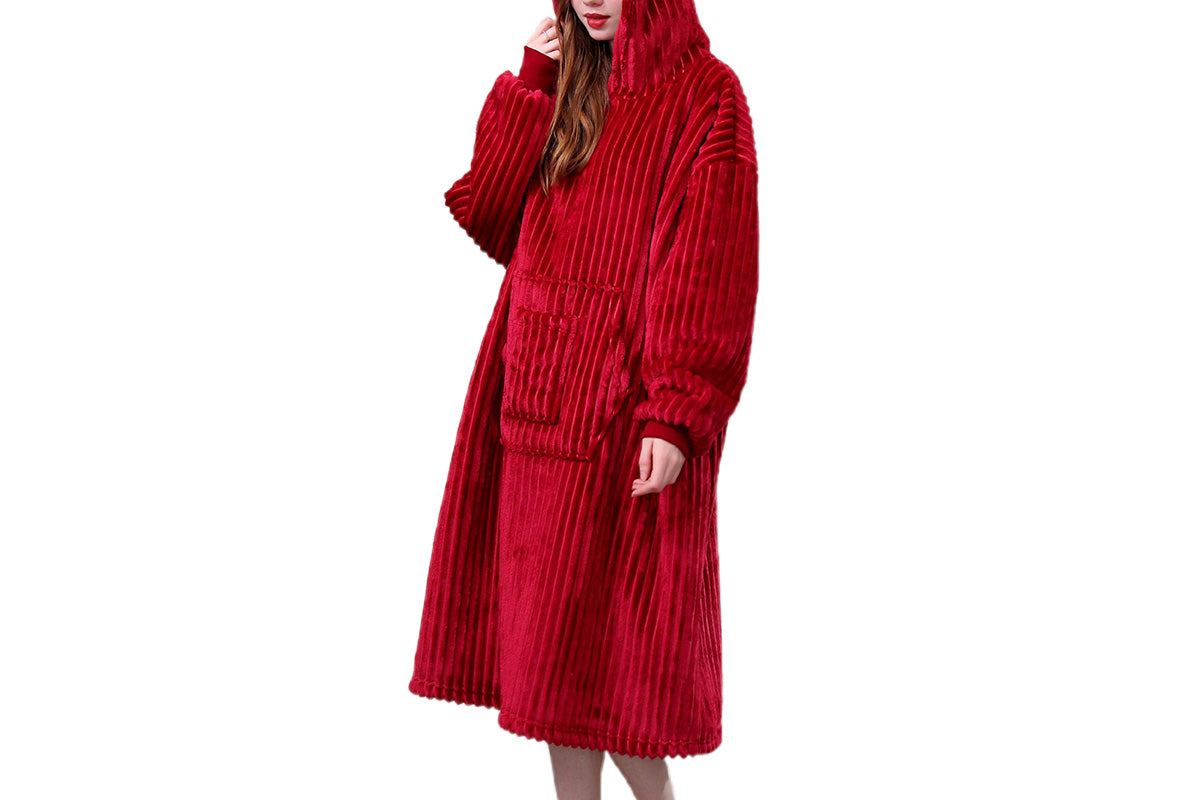 Wearable Blanket Sweatshirt for Women and Men Thick Flannel Hooded Sweatshirt Loungewear -Wine Red