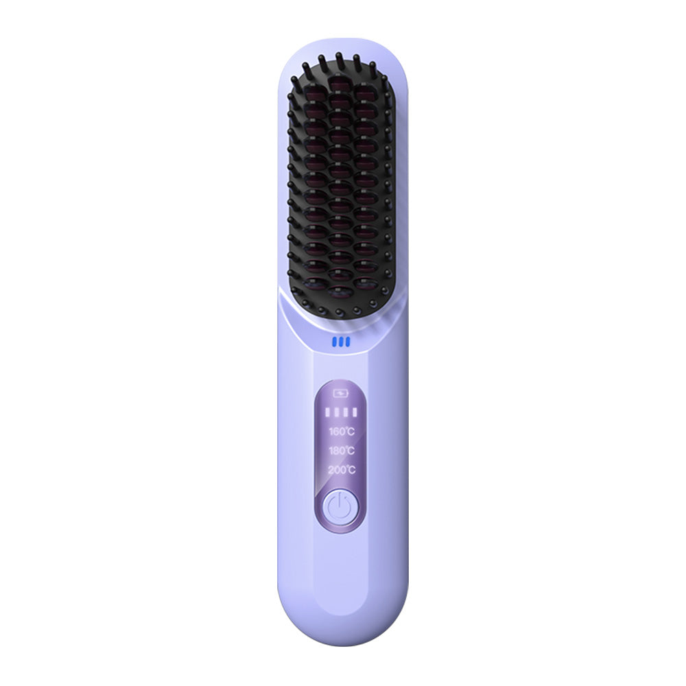 Cordless Hair Straightener Brush Mini Anion Hot Straightener Comb with LED Display Purple