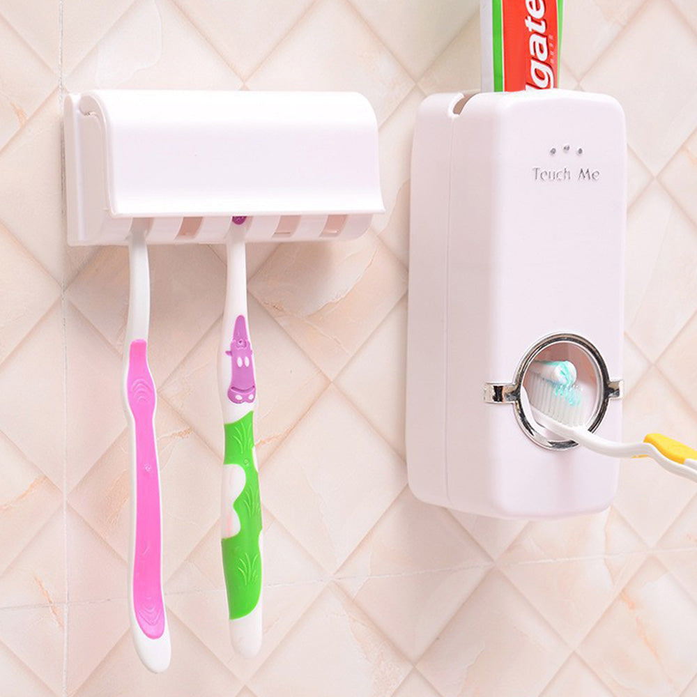 2Pcs Automatic Toothpaste Dispenser and Toothbrush Holder Set Wall Mounted Toothpaste Squeezer Toothbrush Organizer