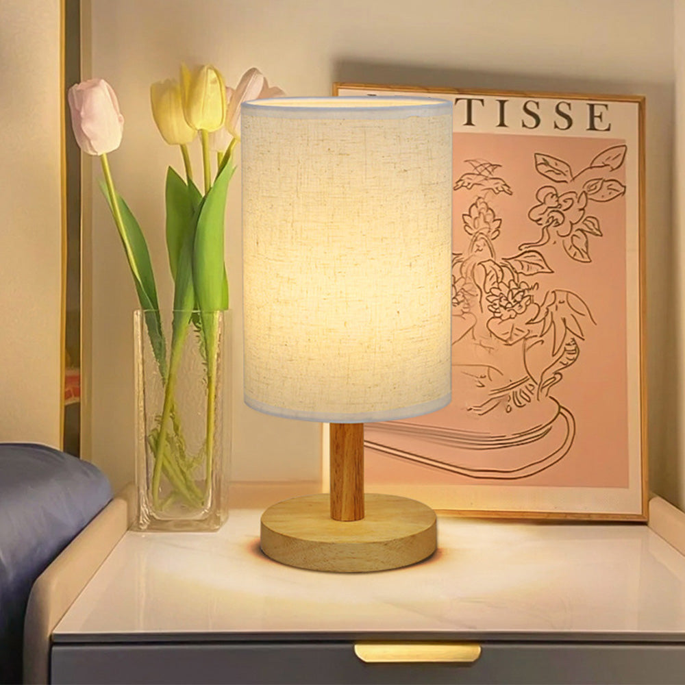 USB Powered Small Bedside Night Light Minimalist Table Lamp with Round Fabric Shade for Bedroom College Dorm White