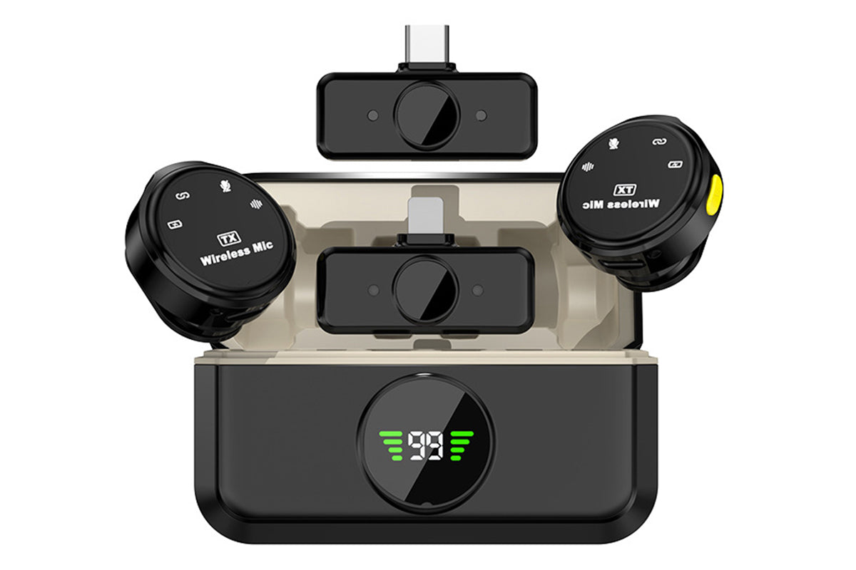 2 in 1 Wireless Lavalier Microphone with Charging Case for iPhone iPad Android Video Recording Vlog Streaming with Lightning USB-C Plug-Play