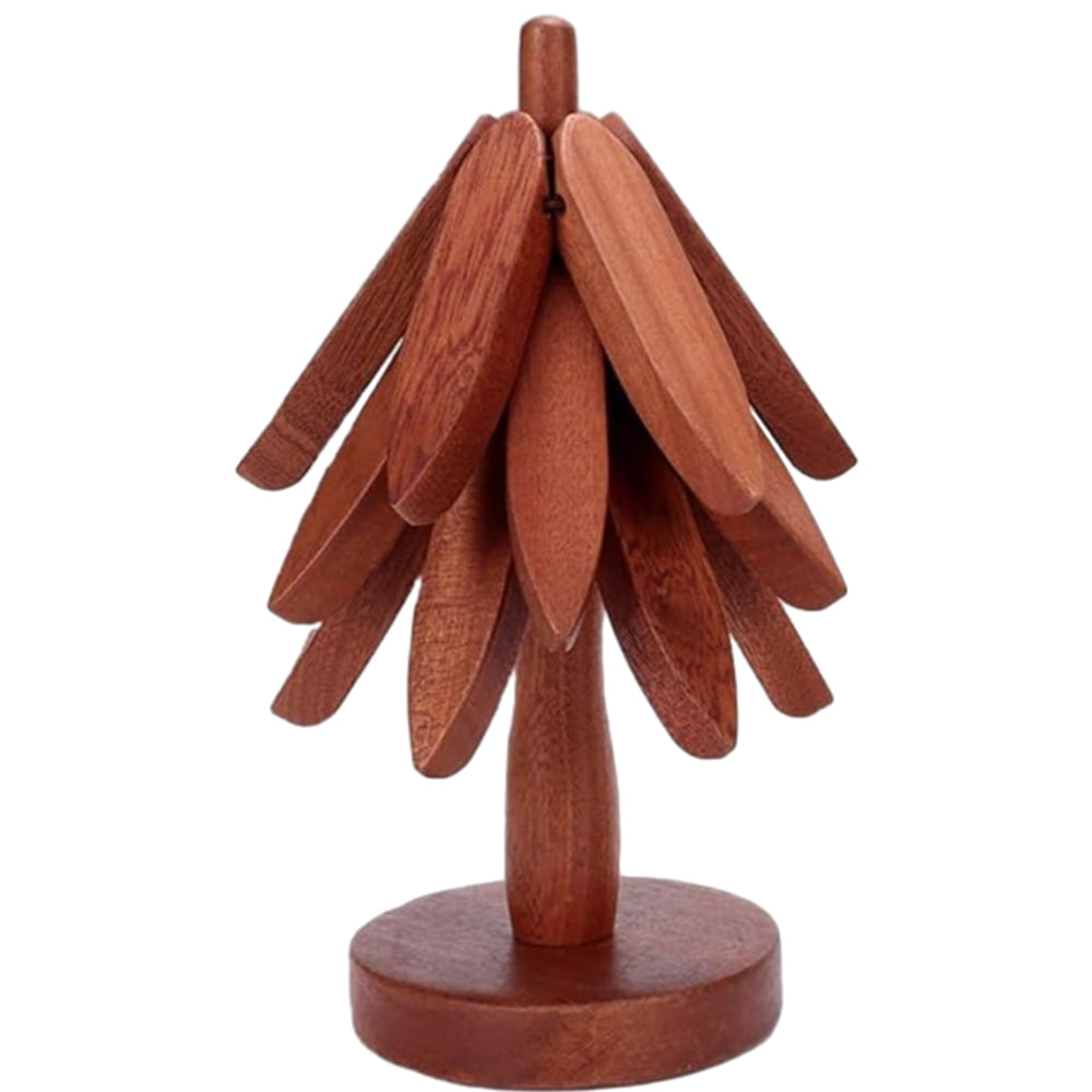 4Pcs Christmas Tree Coasters Wooden Tree Shape Trivets for Hot Dishes with Stand Dark Brown