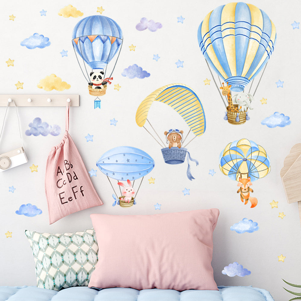 Cartoon Animal Wall Decals Colorful Hot Air Balloon Wall Decals Cute Animal Wall Stickers