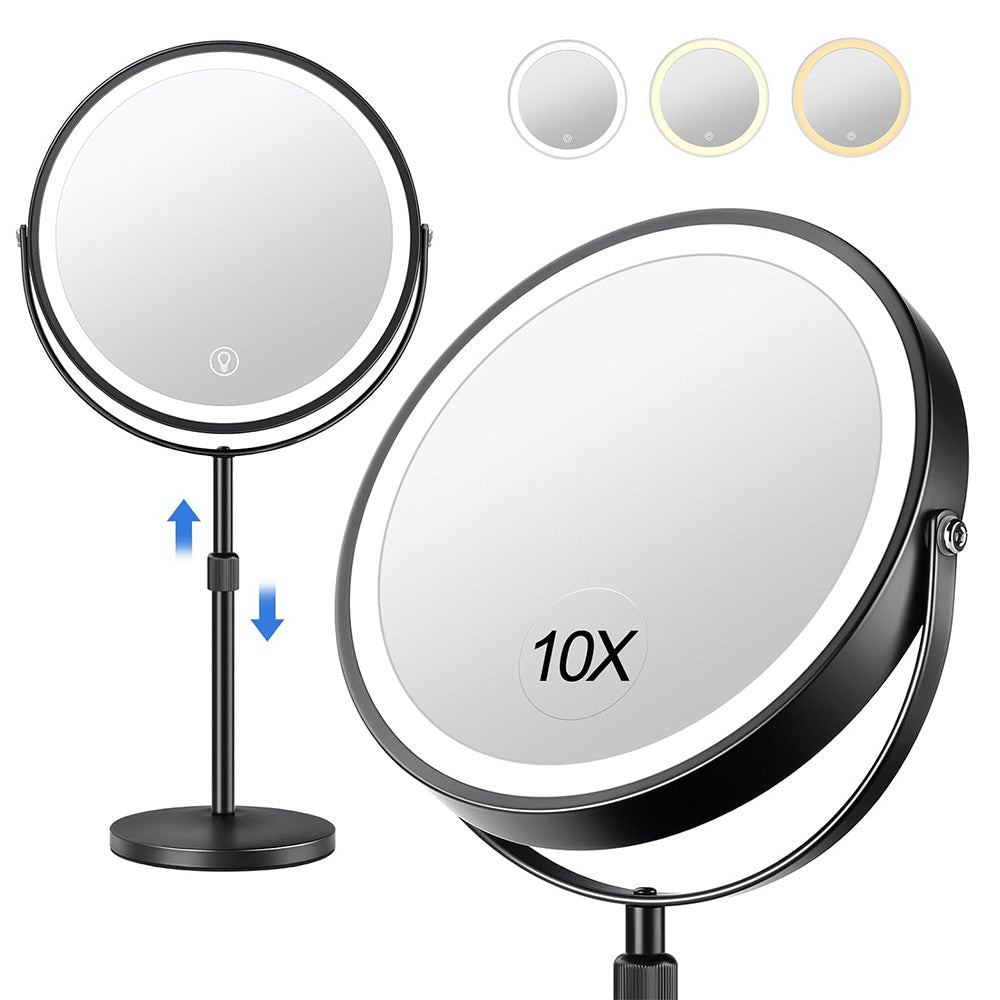 Rotating Double-Side Makeup Mirror 1X/10X Magnifying Cosmetic Mirror with Adjustable LED Light Black