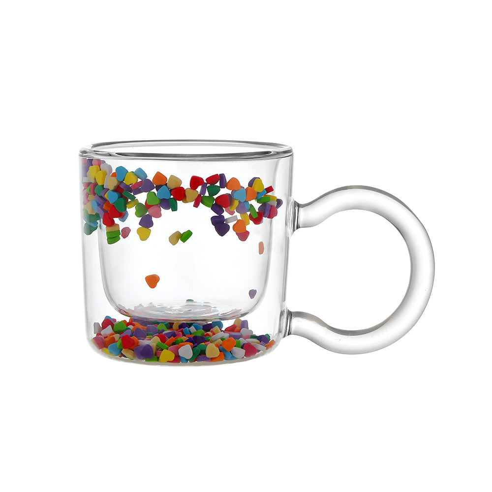 Double Walled Glass Mug Cute Office Coffee Tea Milk Cups Hearts Granular Cup for Birthday Valentine's Day Transparent
