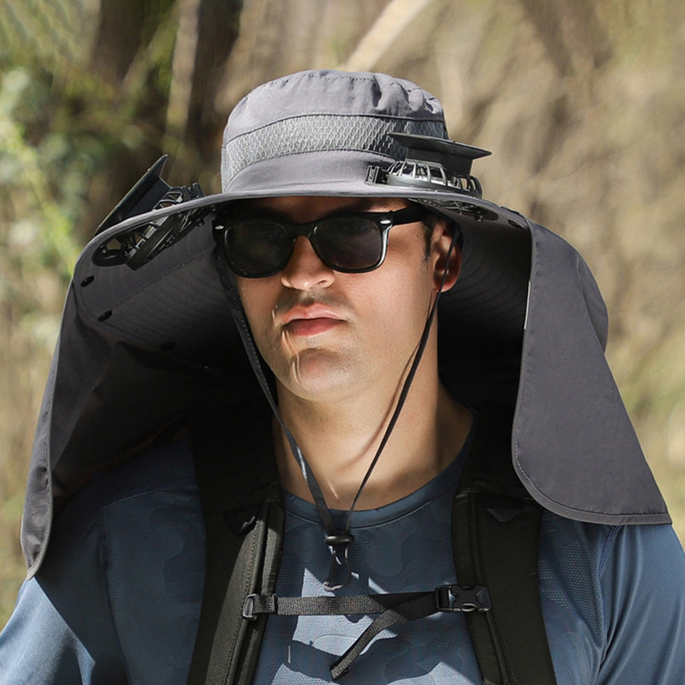 Outdoor Wide Brim Sun Hat with 2 Solar Fan Sun Bucket Hat for Fishing Camping Hiking Grey